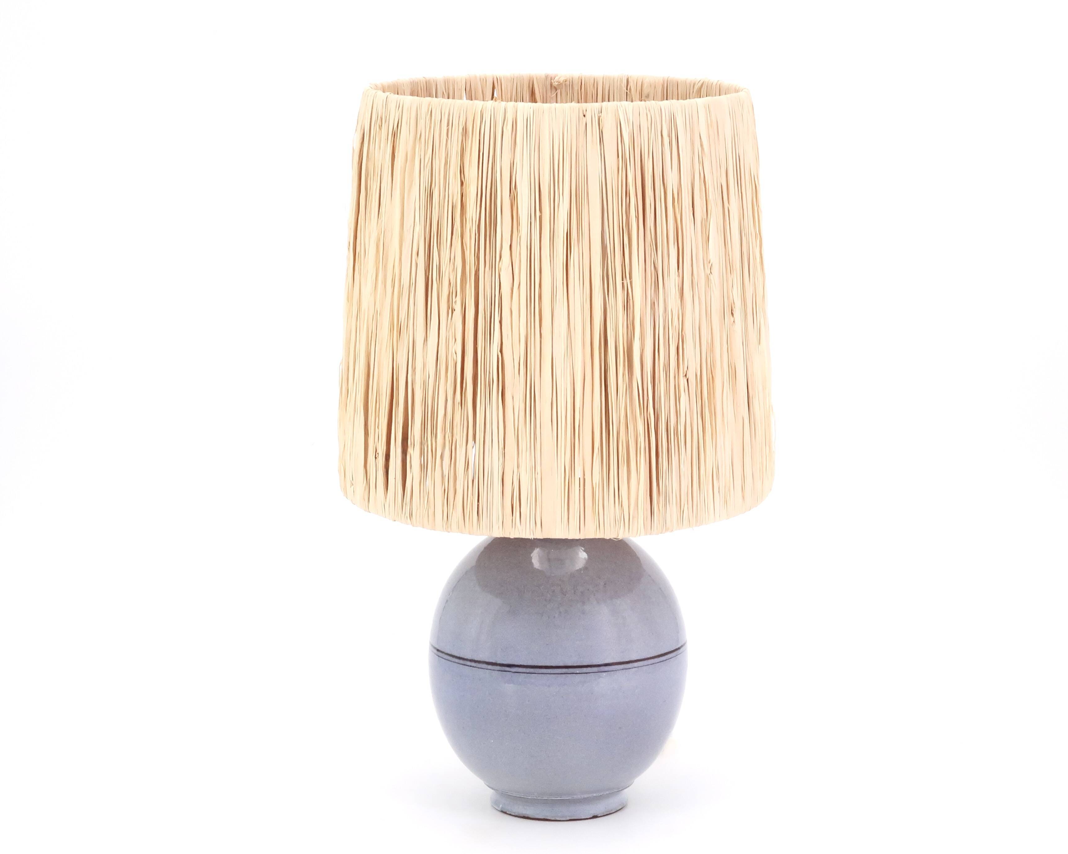 Blue ceramic lamp, raffia lampshade, 1960s