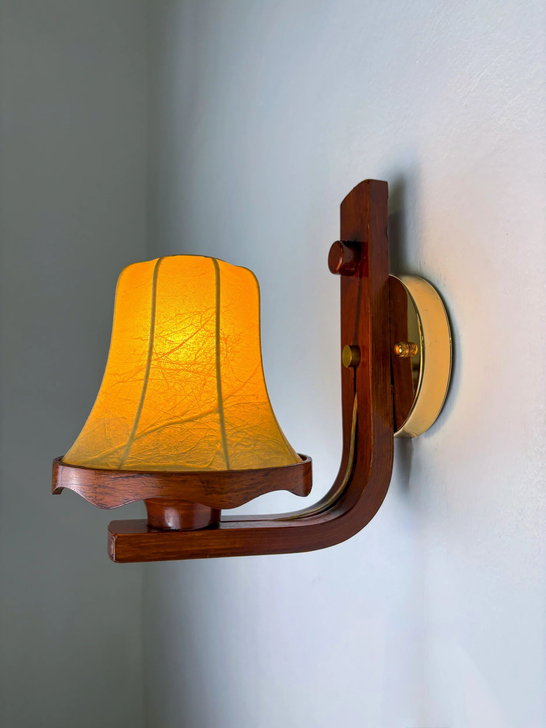Paire de lampes murales "Cocoon" italiennes, en résine et bois, années 1970.