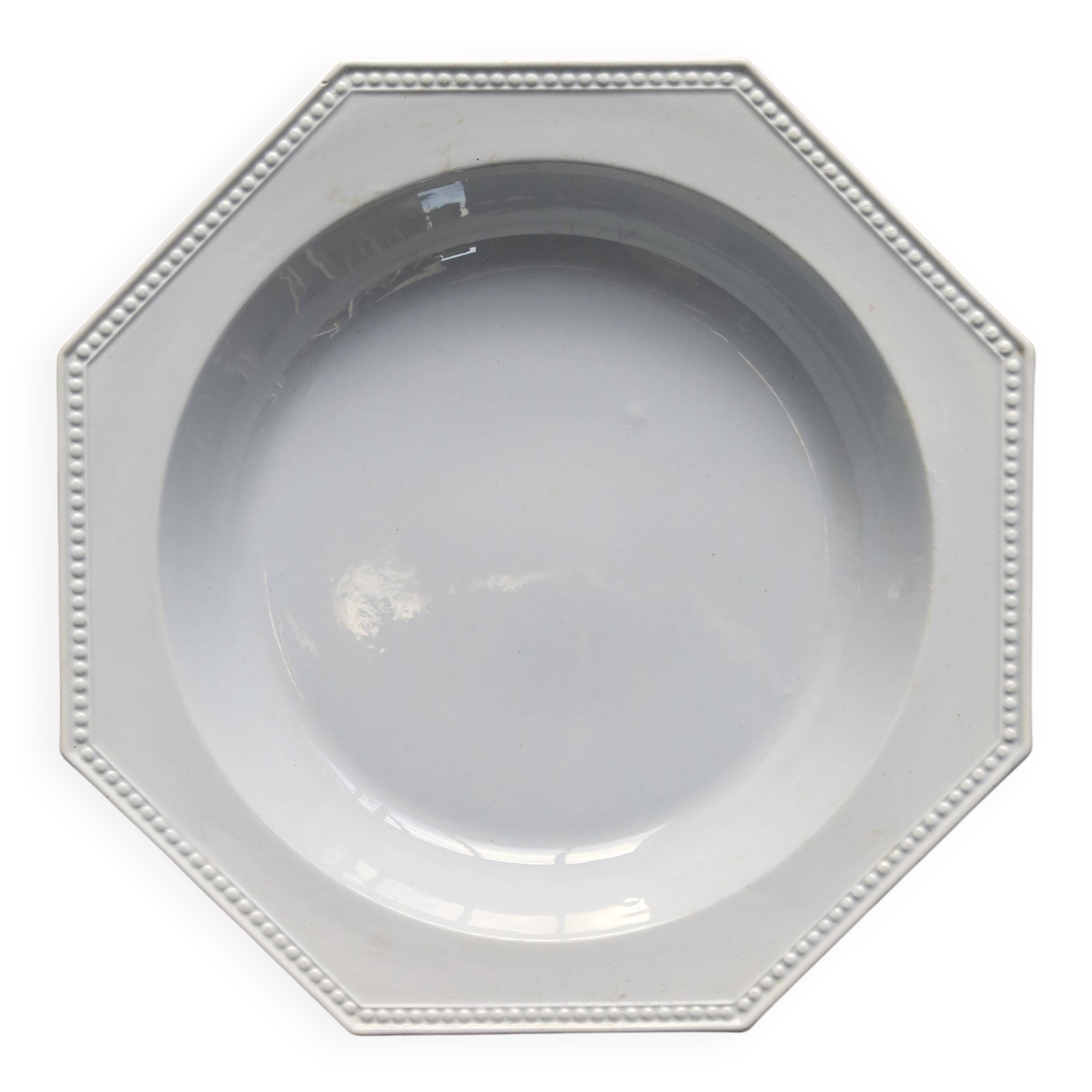 Antique octagonal platter from Creil and Montereau - Pearl pattern - Pale blue-grey