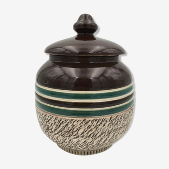 Enamelled stoneware covered pot with beige, brown and green incised decoration, signed Lucien Brisdoux, France