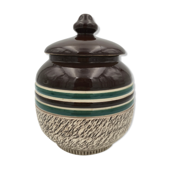 Enamelled stoneware covered pot with beige, brown and green incised decoration, signed Lucien Brisdoux, France