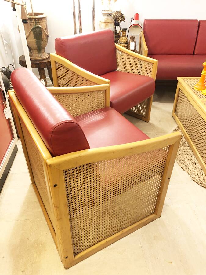 Pair of vintage wooden and caned armchairs – 1980