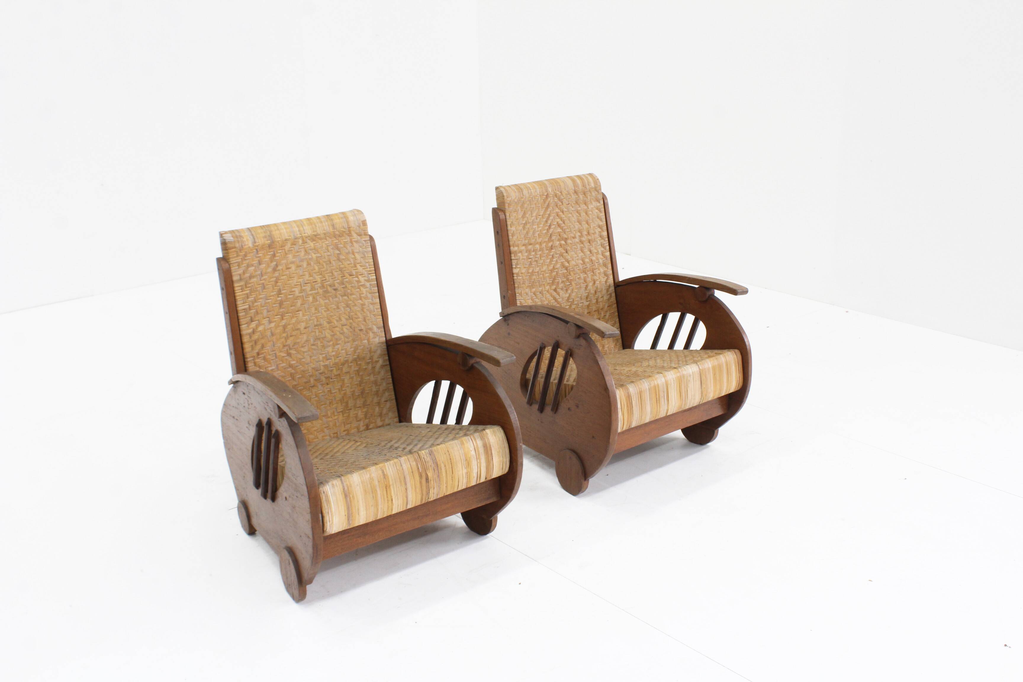 Ensemble de fauteuils en rotin tressé au design Art déco, années 1930, Italie