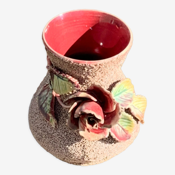 Collectible vase in majolica enamelled ceramic, roses and slip foliage