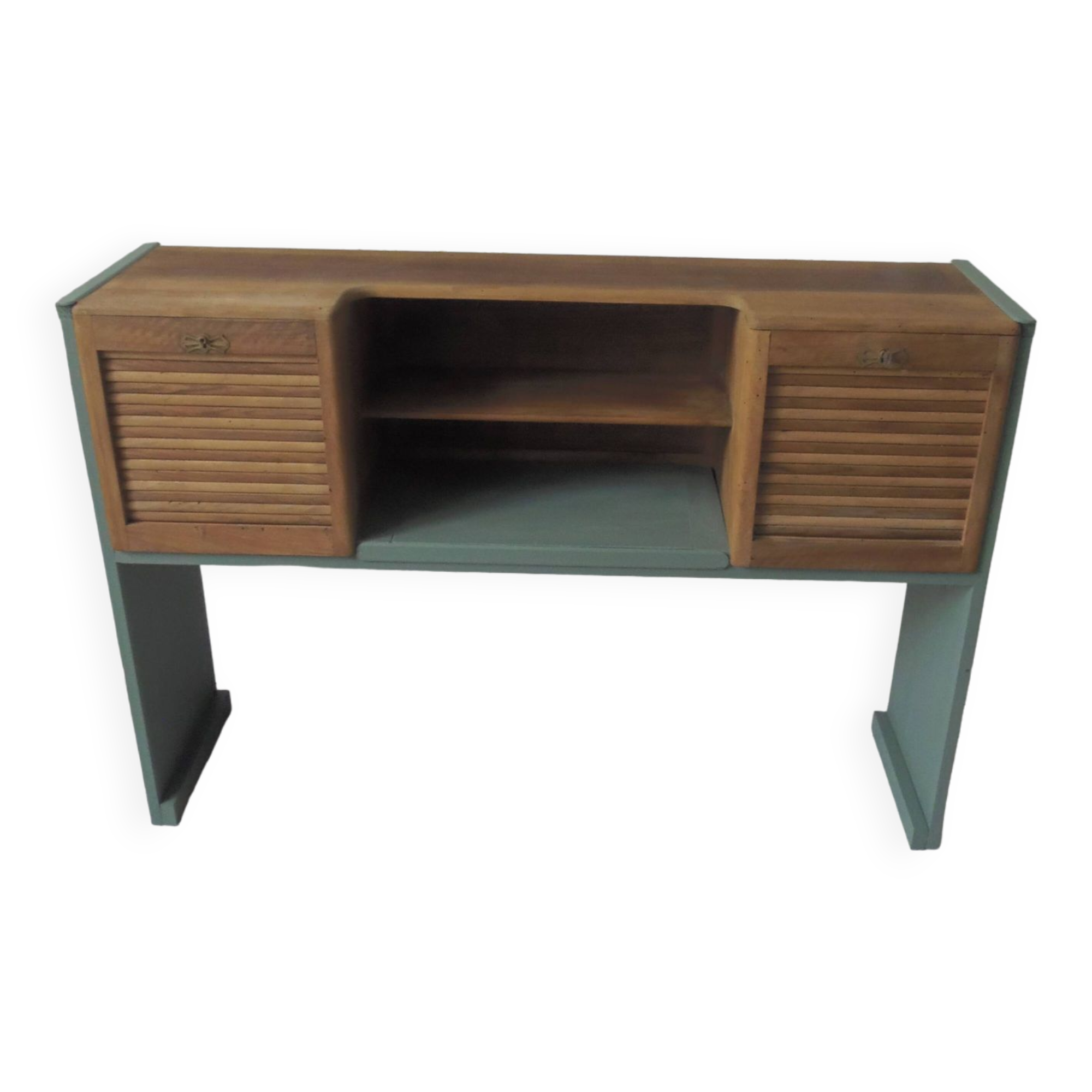 Console made with some old walnut elements. Unique smoky green piece.