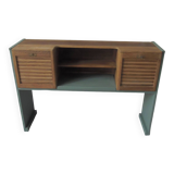 Console made with some old walnut elements. Unique smoky green piece.