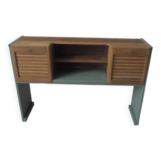 Console made with some old walnut elements. Unique smoky green piece.