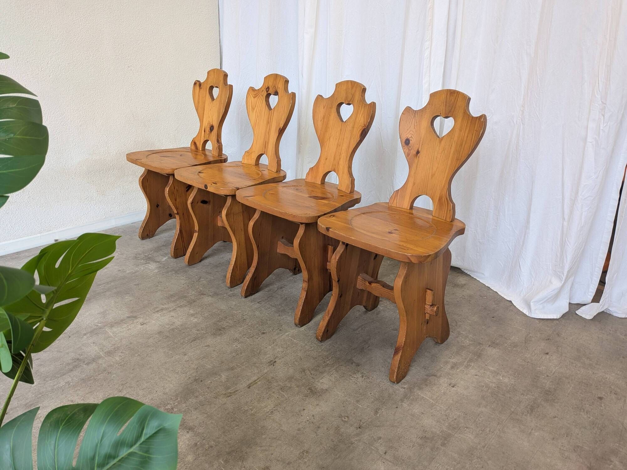 Vintage Alpine Wooden Chairs (Set of 4) Heart Cut-Out
