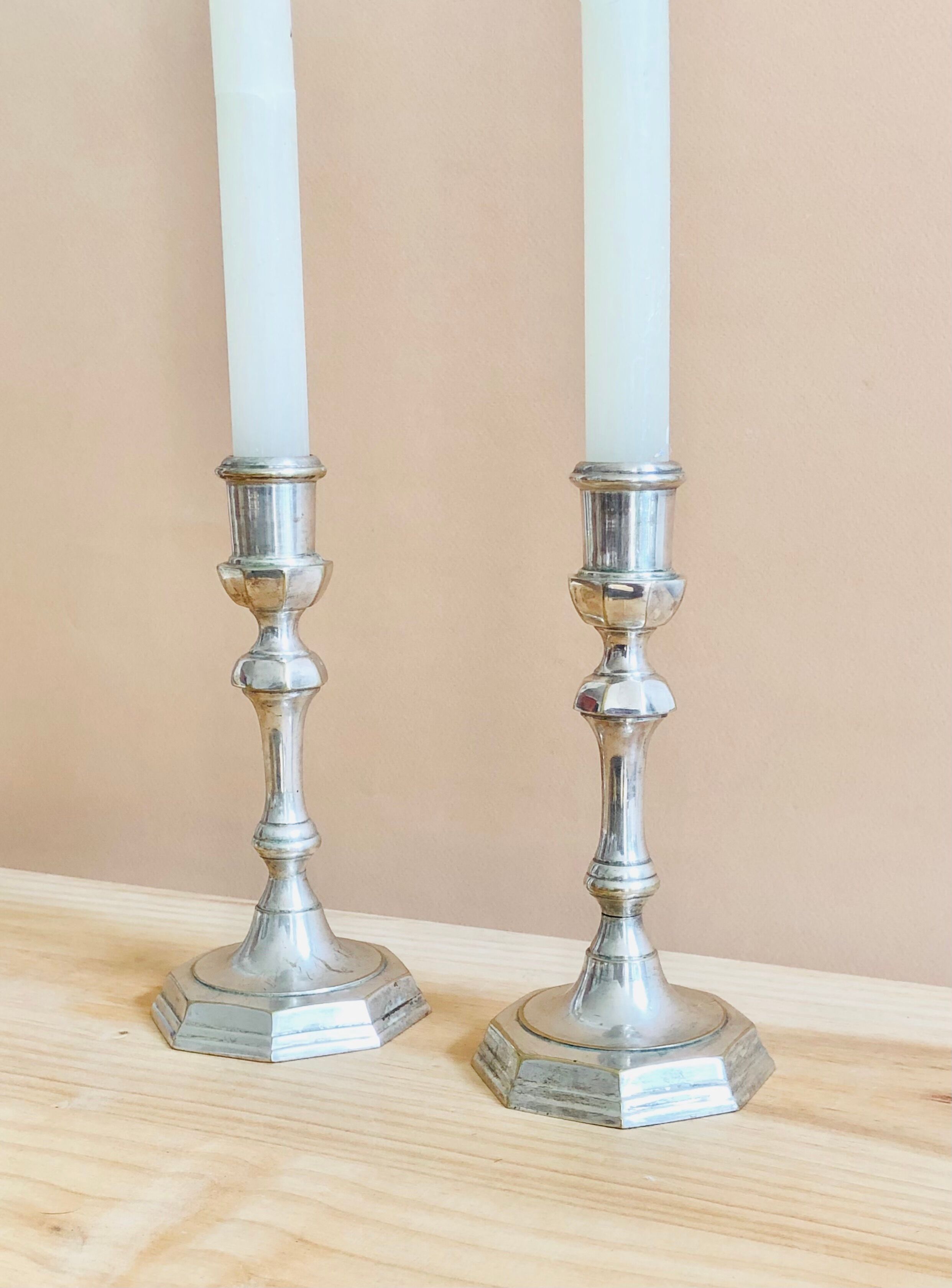 Pair of Pioneer EPNS silver-plated nickel candlesticks