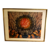 Original lithograph by Pierre-Henri Jacquot (1929-2009), birds and sun, framed and signed