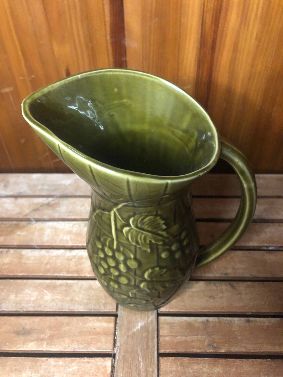 Old SARREGUEMINES Green Ceramic Pitcher Vintage Vines Decor
