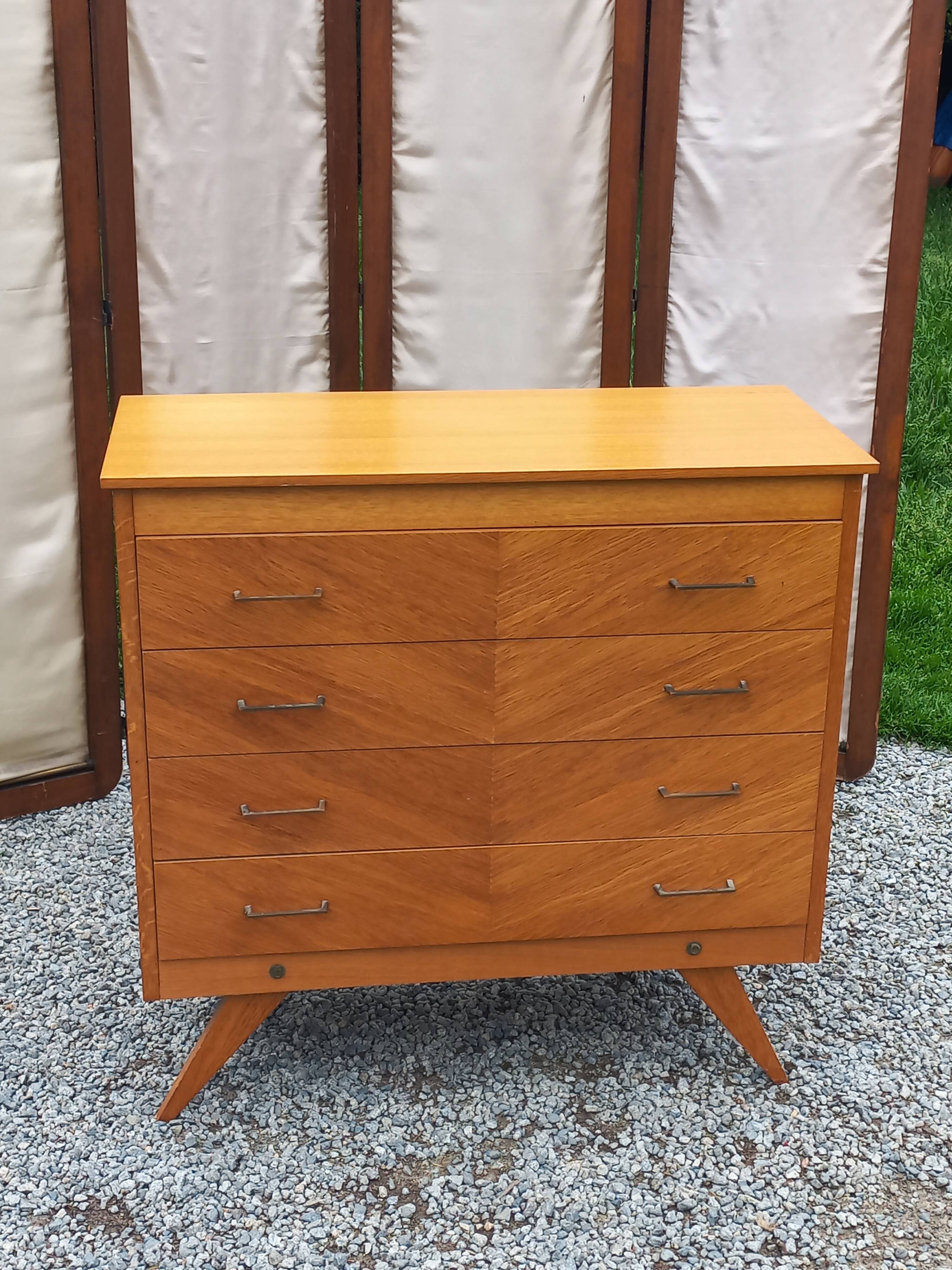 Vintage chest of drawers in blond and golden oak, compass legs and 4 drawers, 1950s