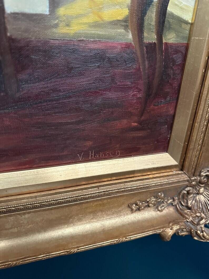 Large Original Swedish Oil on Canvas – “Interior with Reading Woman” by V. Hansen – Signed – Vintage & Framed