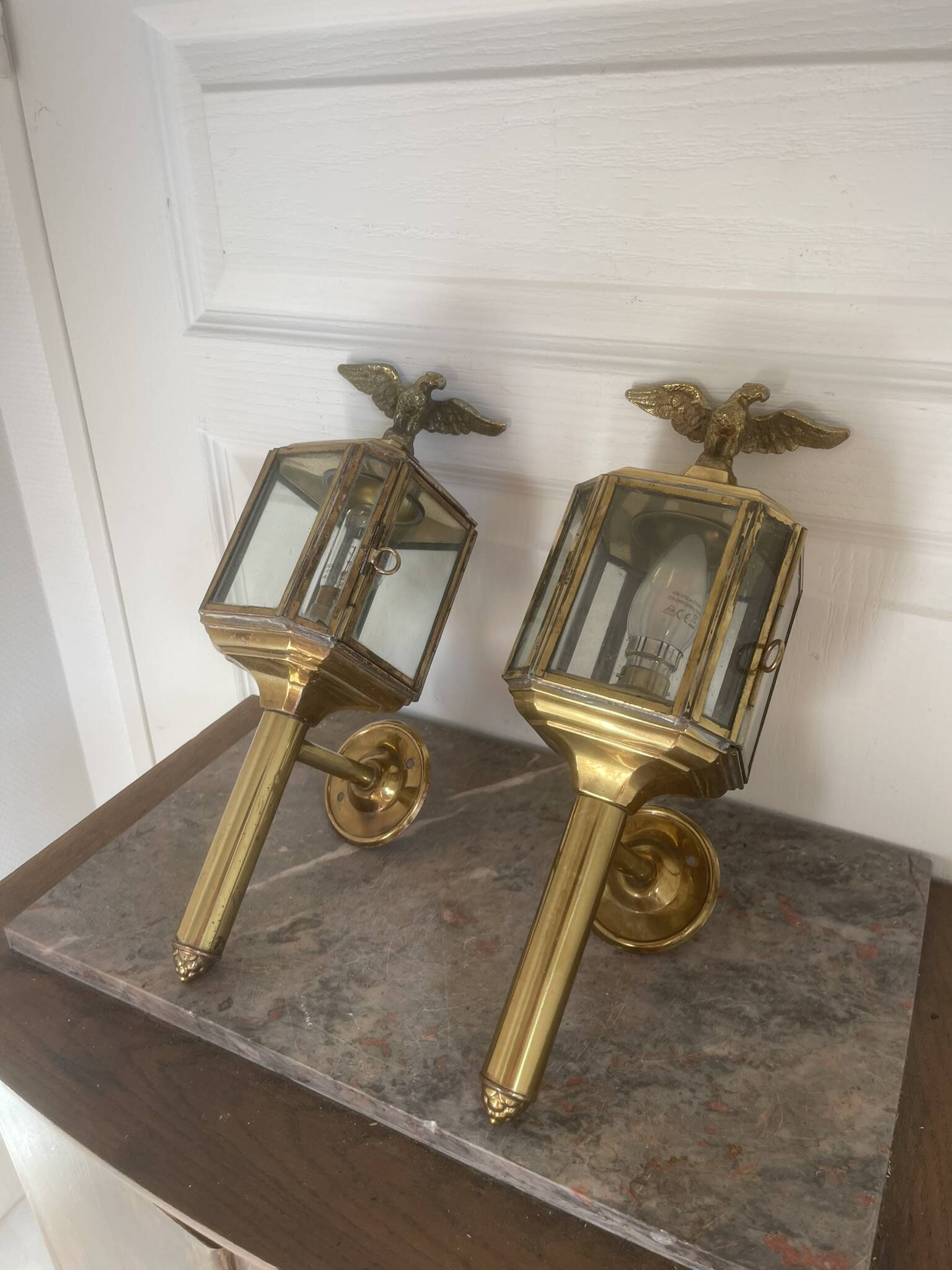 Old Pair of Gilded Brass Wall Lights in Carriage Lantern Eagle Empire Style