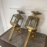 Old Pair of Gilded Brass Wall Lights in Carriage Lantern Eagle Empire Style