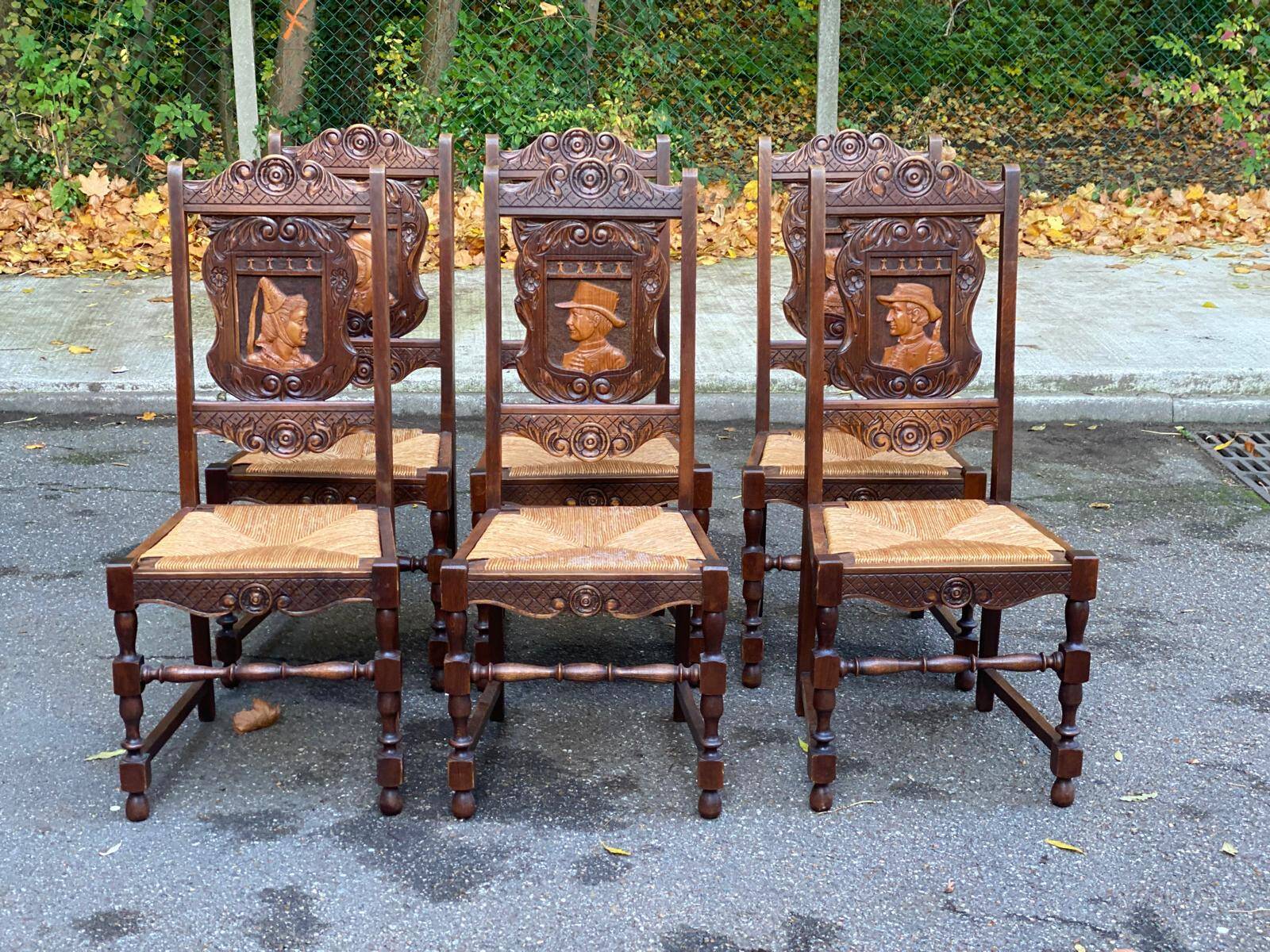 6 Henri II style solid wood straw-seated chairs
