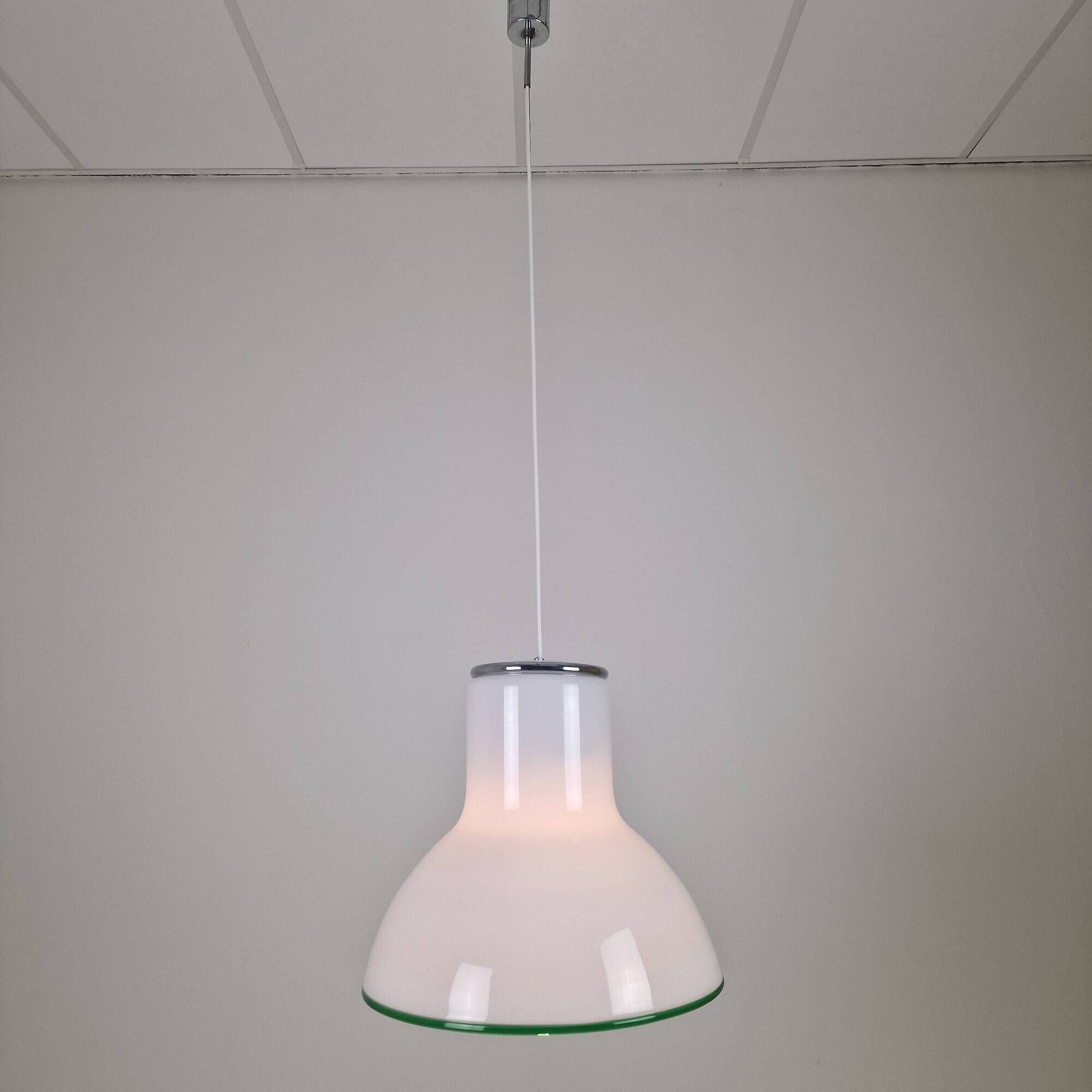 Large Italian Murano Cased Glass Pendant Light with Green Trim, 1970's