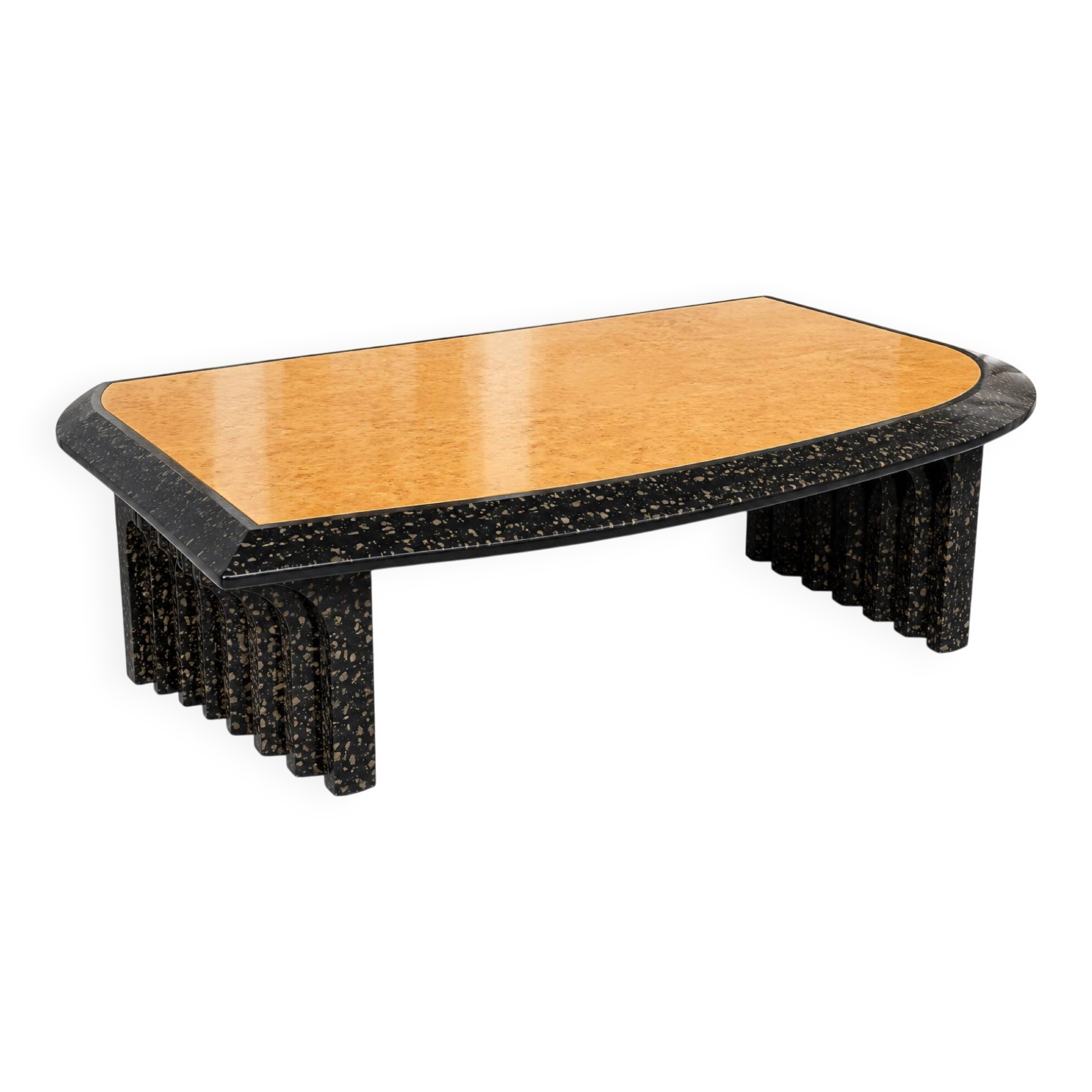 Vintage coffee table in elm burl and black lacquer, 1980s.