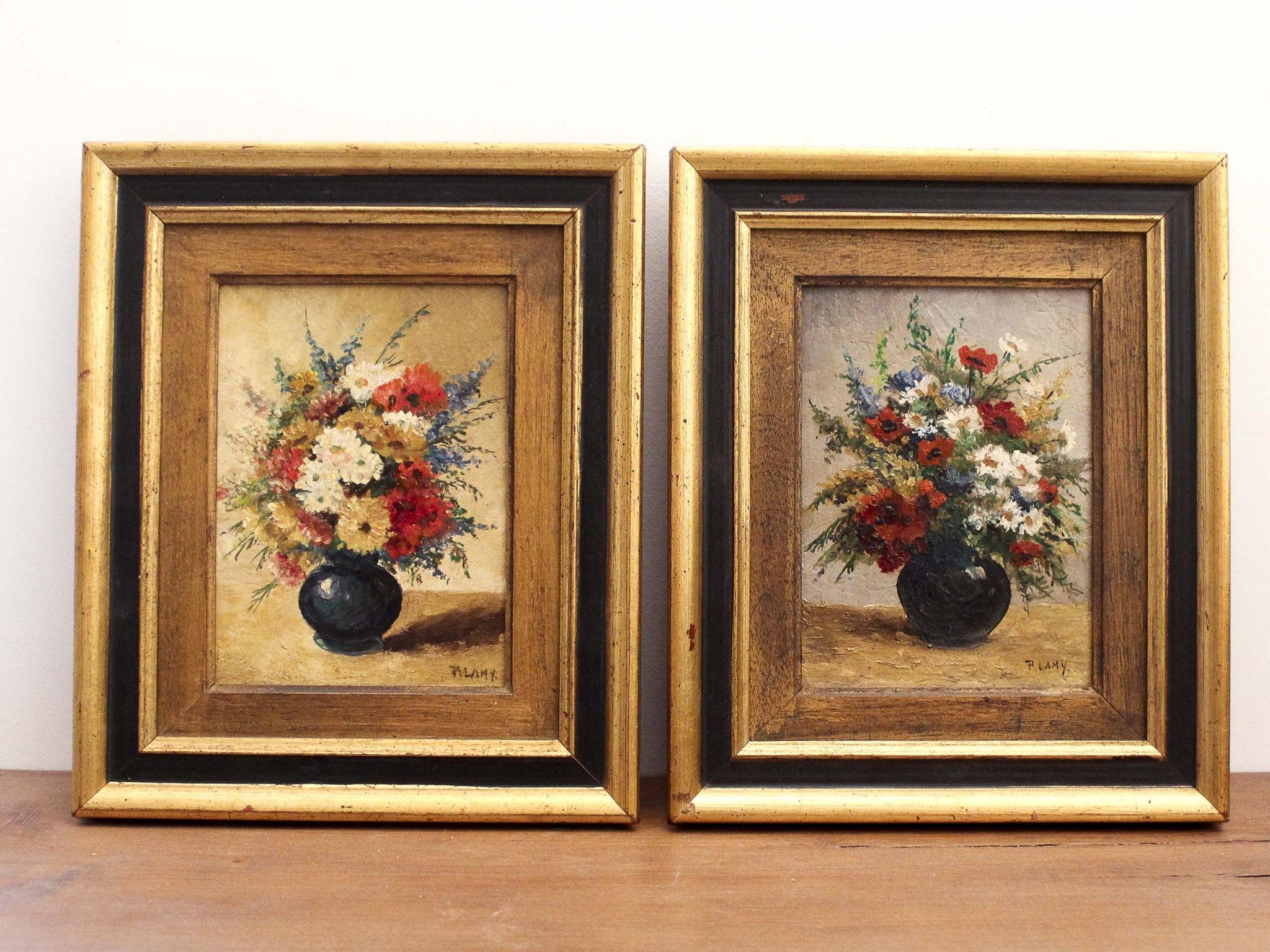 Paire d'huiles sur panneau Bouquets de fleurs P. Lamy