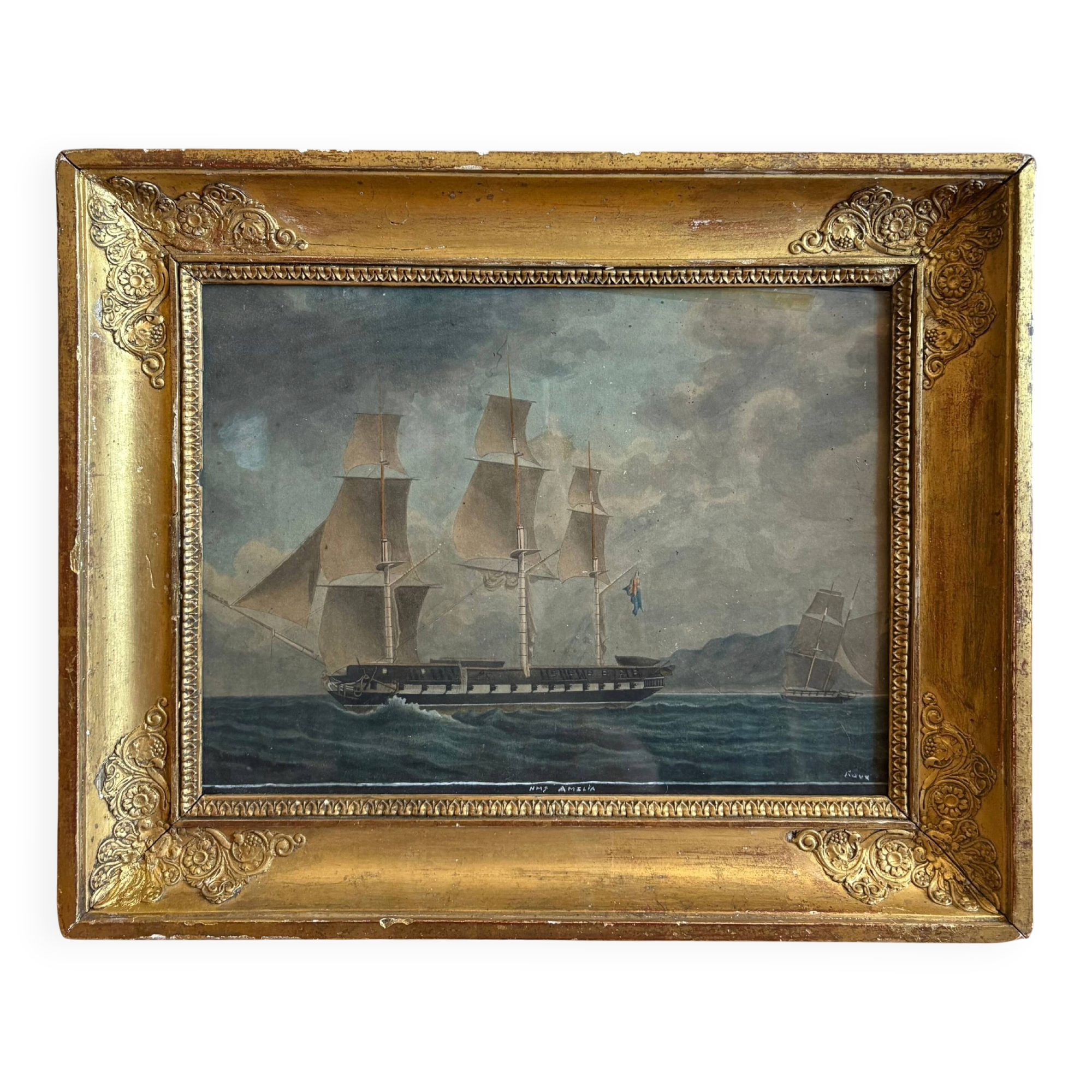 François geoffroi roux (1811-1882) marine gouache frigate hms majesty's