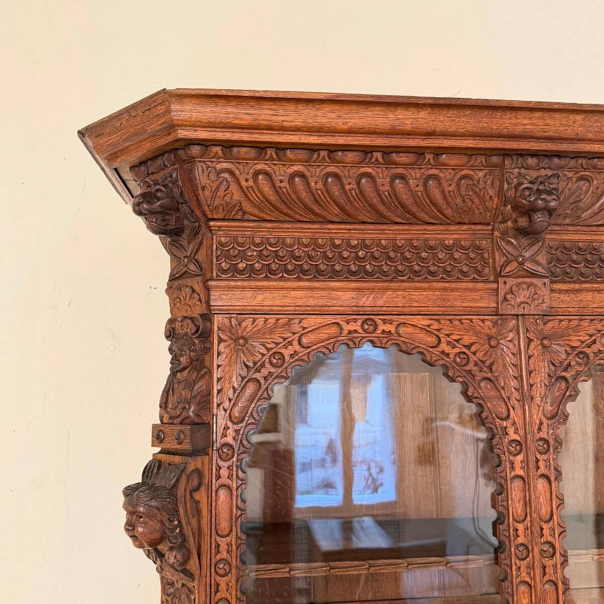 Antique Neo-Renaissance Oak Bookcase with Figural Carvings, 1870