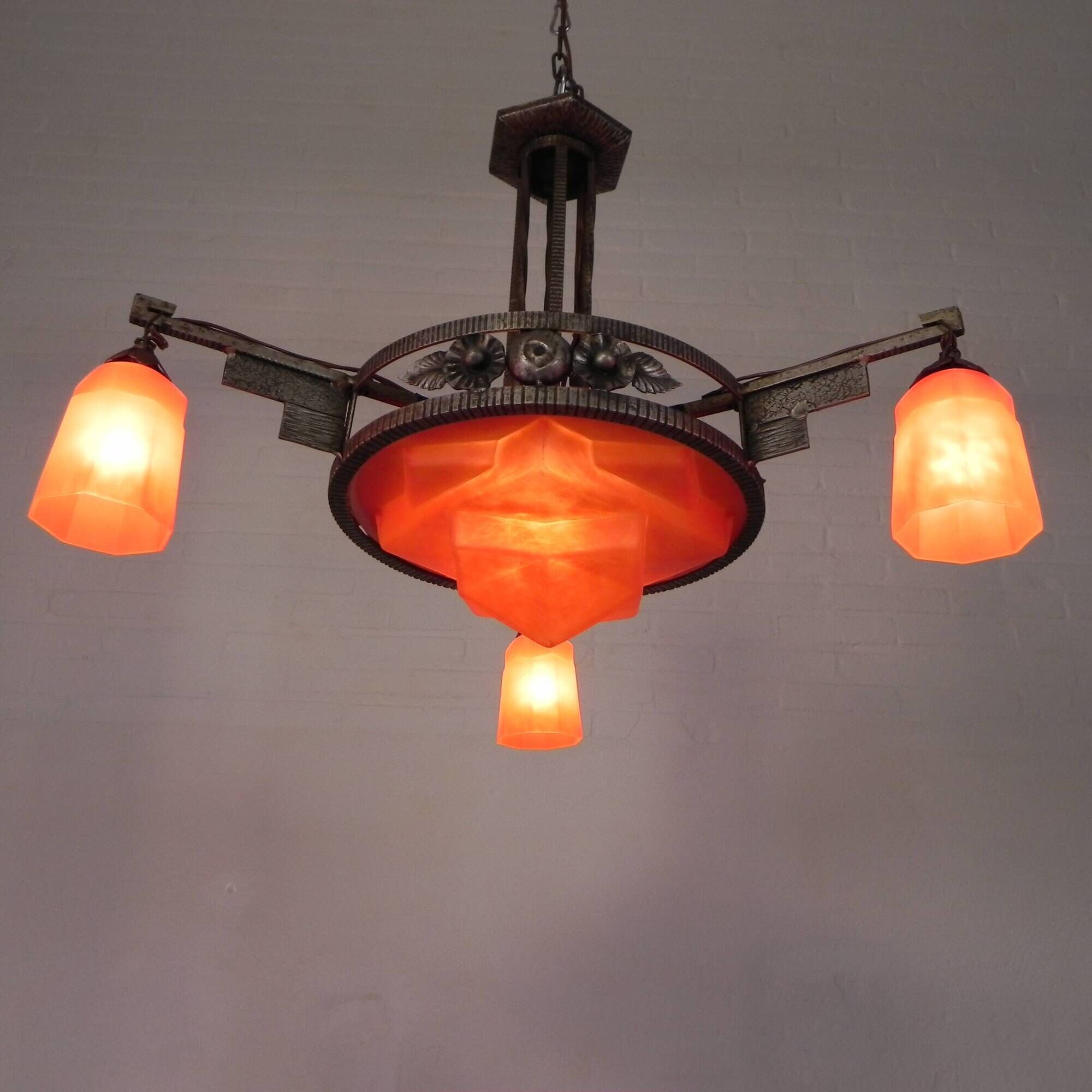 Art Deco pendant lamp with glass bowl and 3 chalices, 1930s