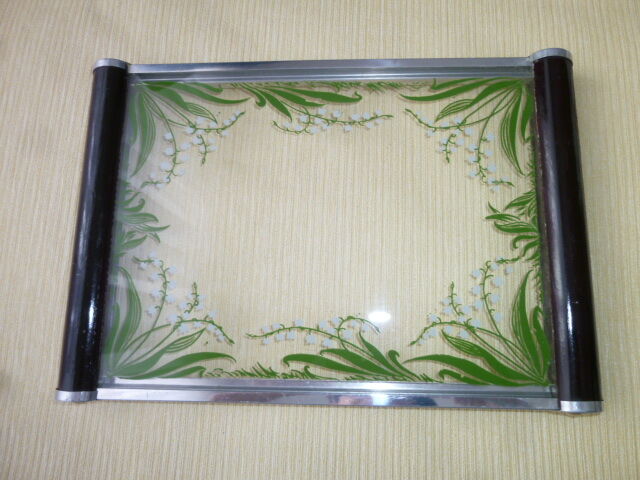 Vintage serving tray in glass and wood Lily of the valley décor