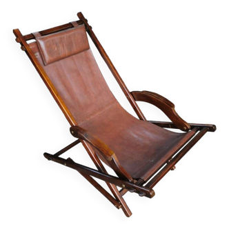 Chaise longue en cuir et bois