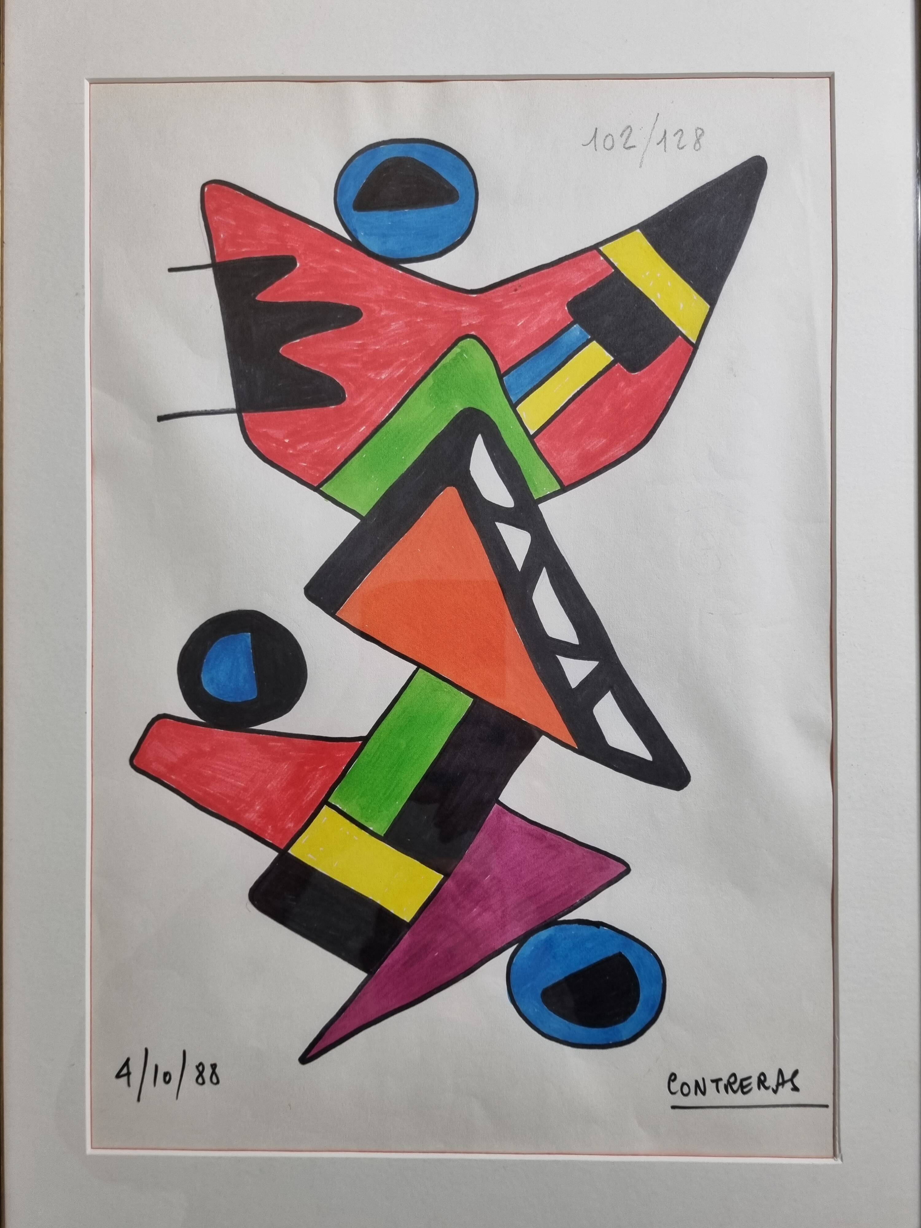 Abstract composition, original drawing signed Contreras, 1980s, 32 x 42 cm framed under glass