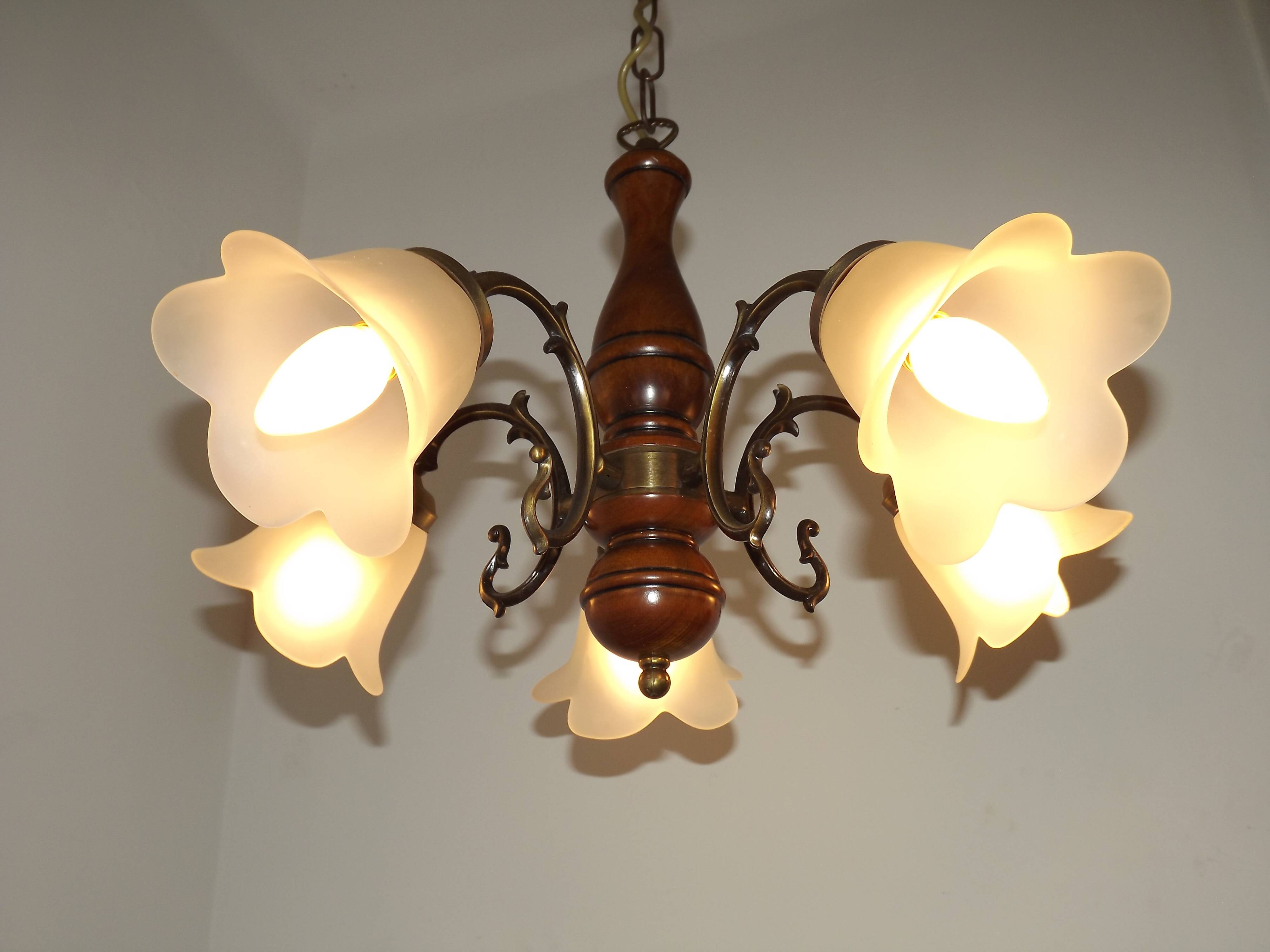 French Mid-Century Bronzed Metal & Wood 5-Light Chandelier with Glass Shades