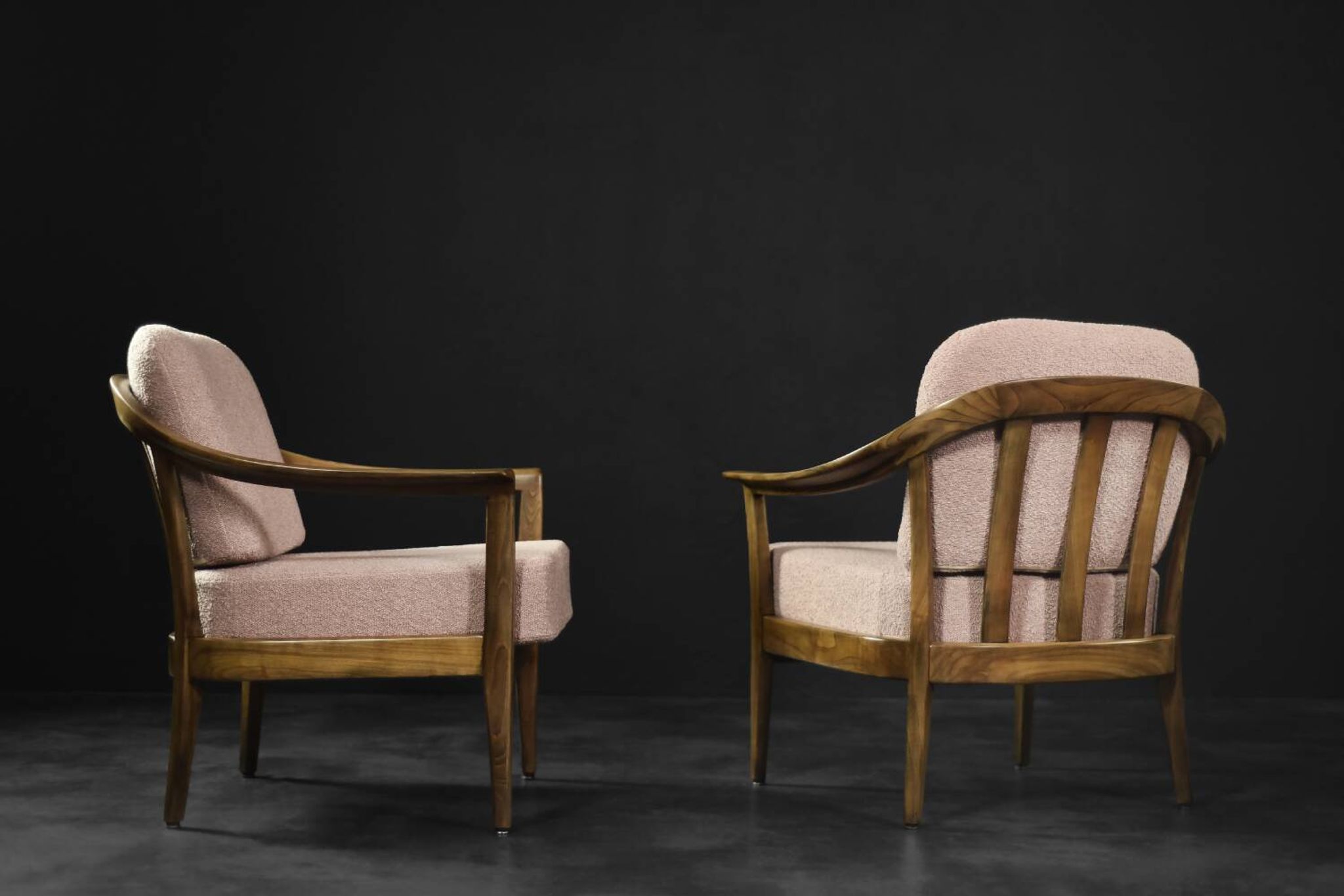 Pair of Mid-Century German Elegant Cherry Wood and Dusty Pink Fabric Armchairs