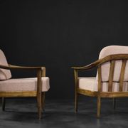Pair of Mid-Century German Elegant Cherry Wood and Dusty Pink Fabric Armchairs