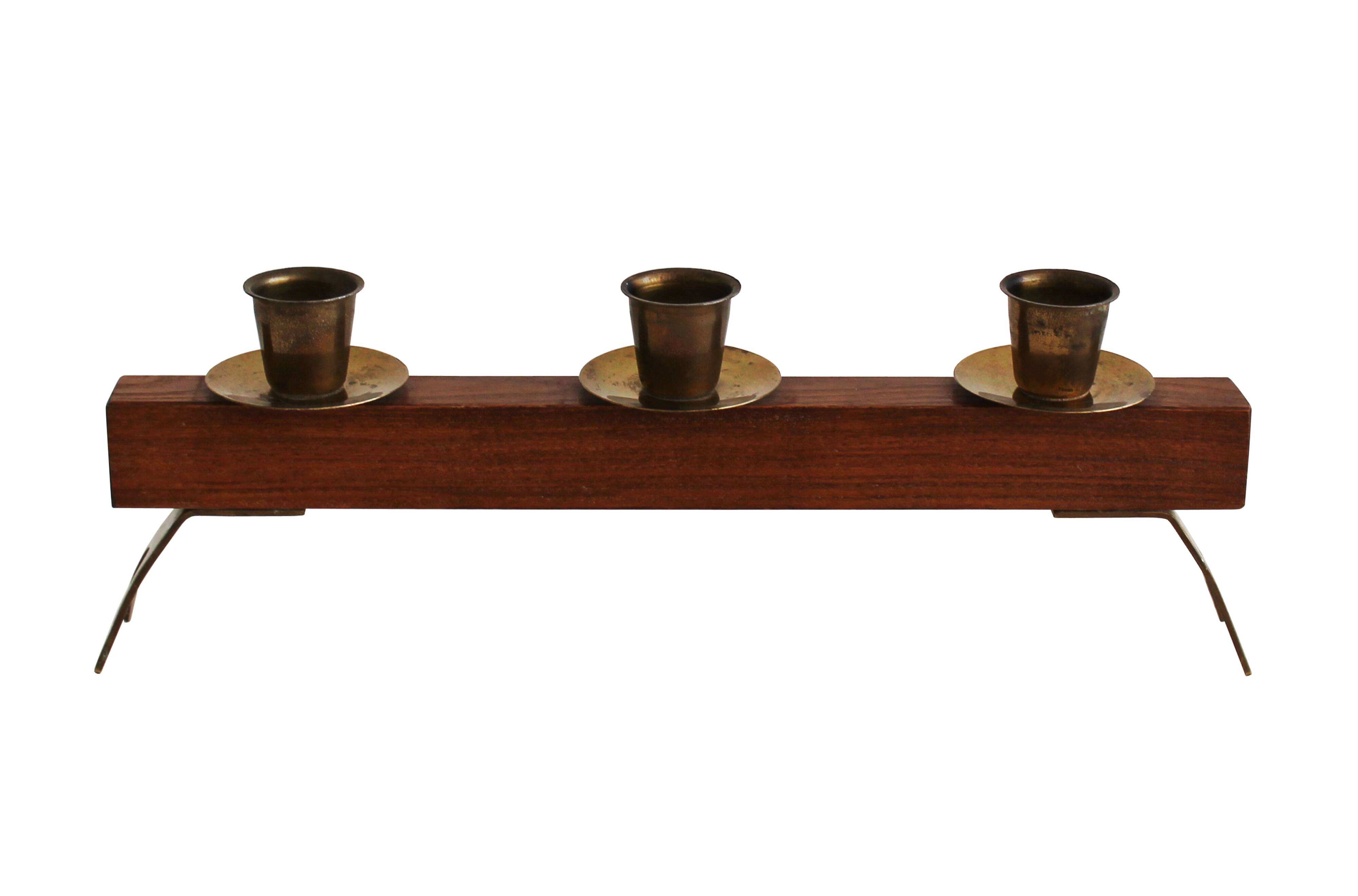 1960s Sculptural Wooden & Brass Candleholder
