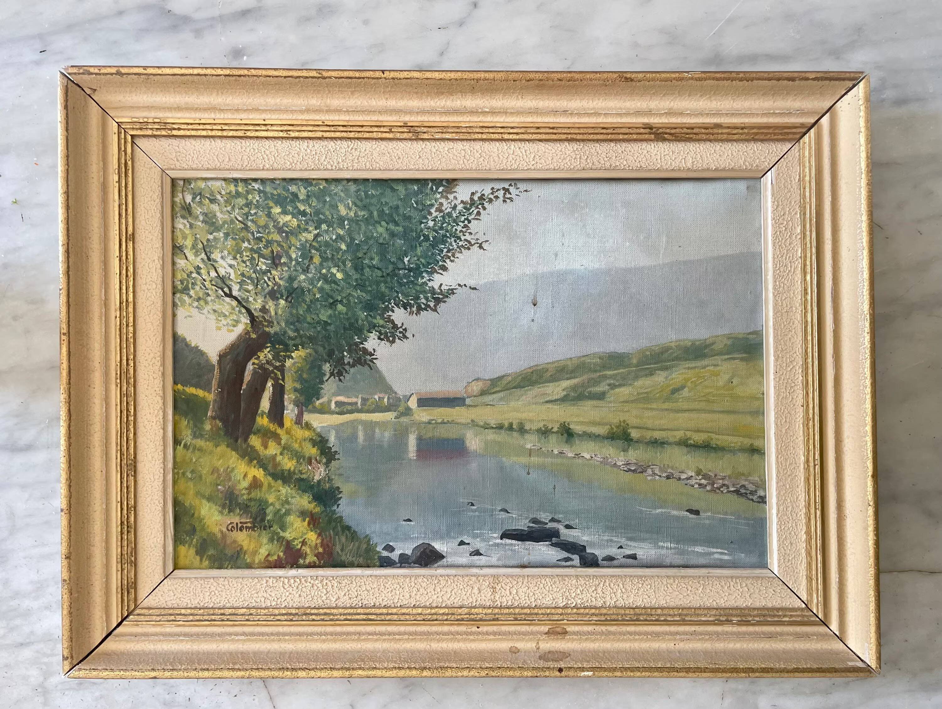 Old oil painting village river landscape canvas with wooden frame