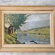 Old oil painting village river landscape canvas with wooden frame
