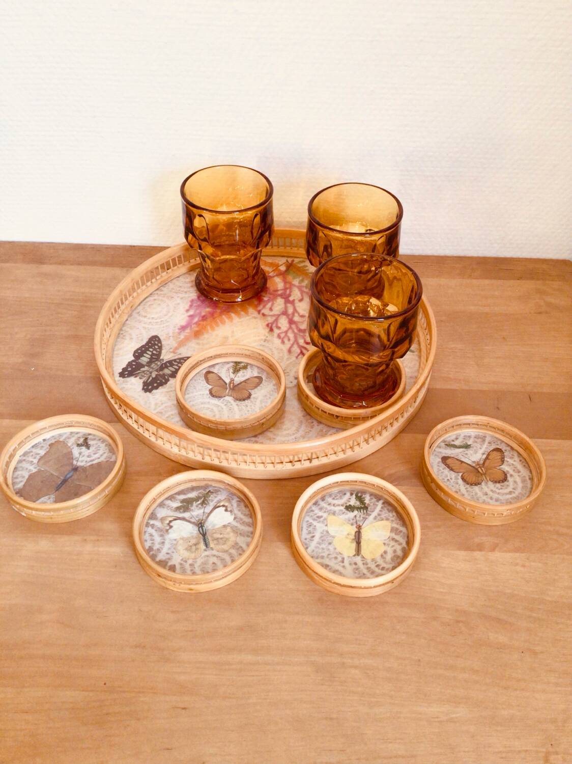 Vintage tray and coaster set