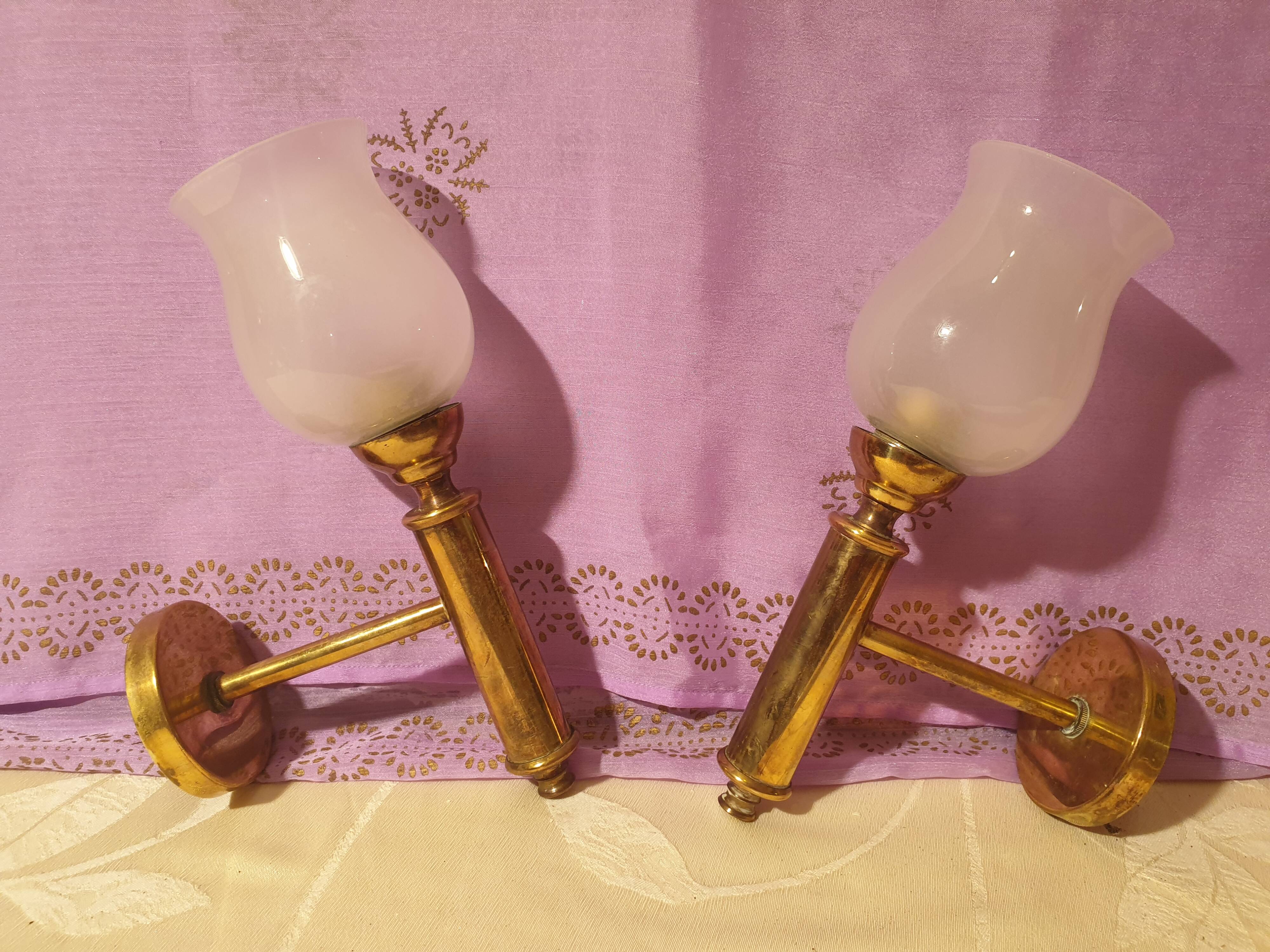 Pair of vintage design brass and opaline wall lights