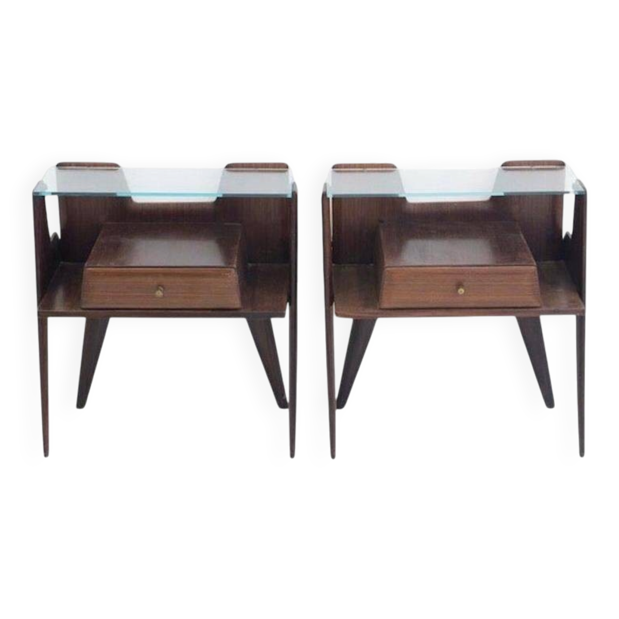 Pair of modernist Italian bedside tables in wood with a glass top.