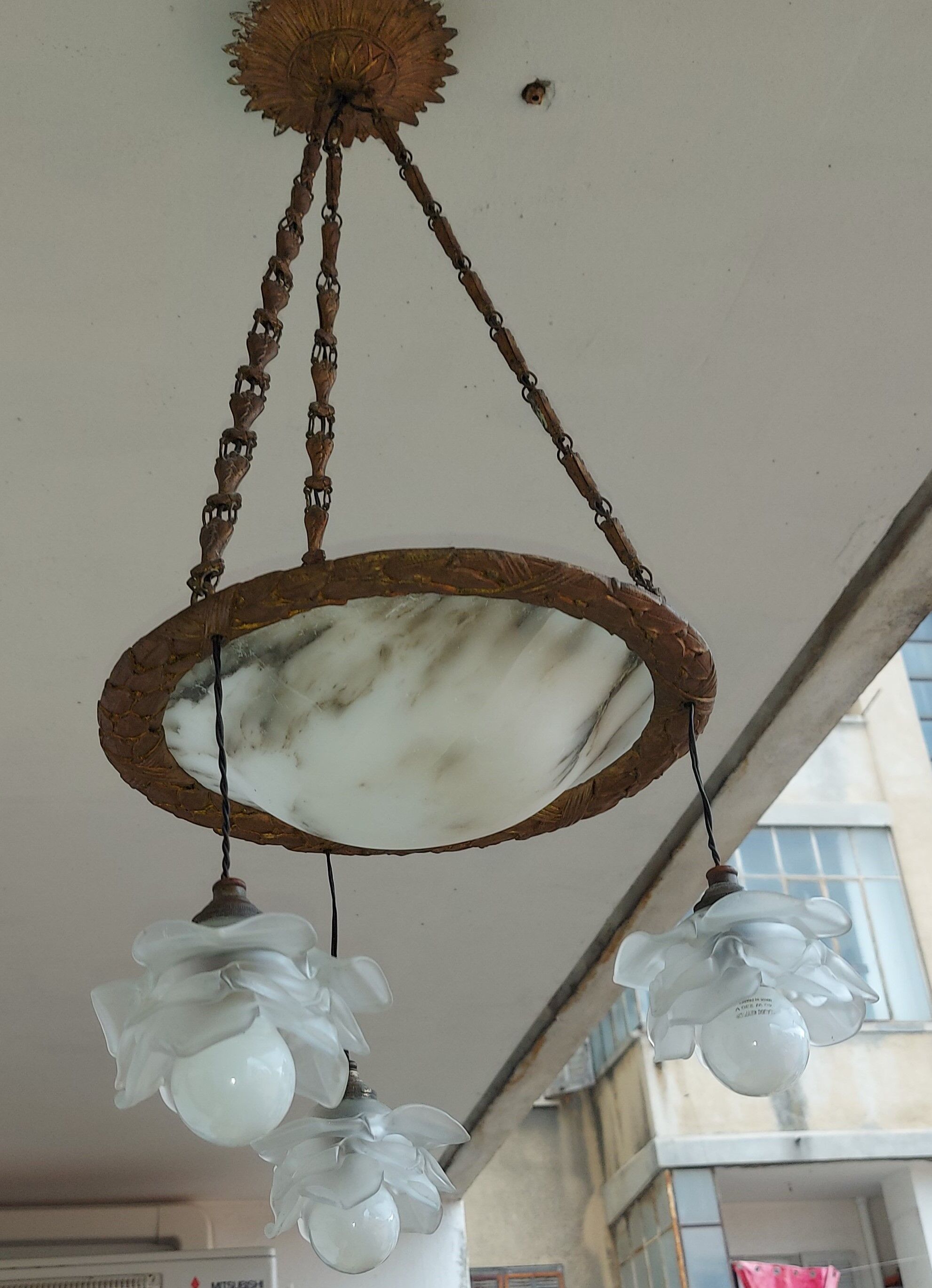 art nouveau chandelier, alabaster shells, molded glass and bronze
