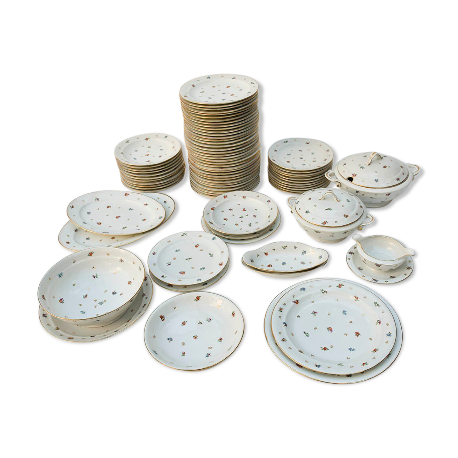 Porcelain service plates and white and flowery dishes 74 pieces Limoges
