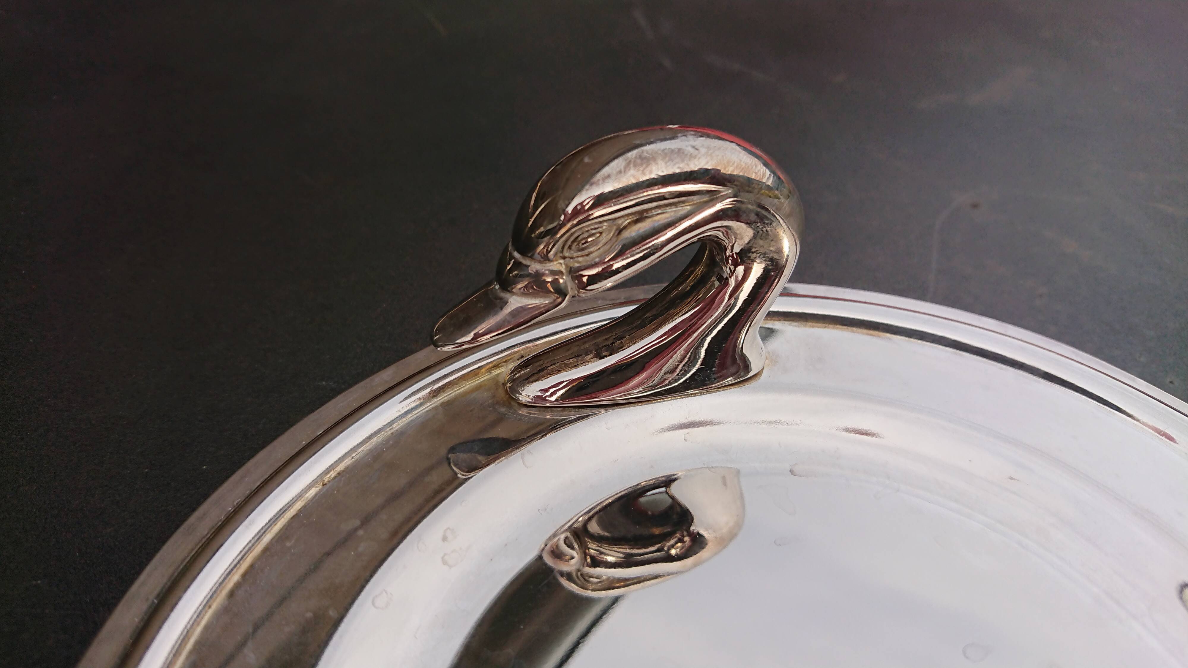 Silver metal tray, swan handles