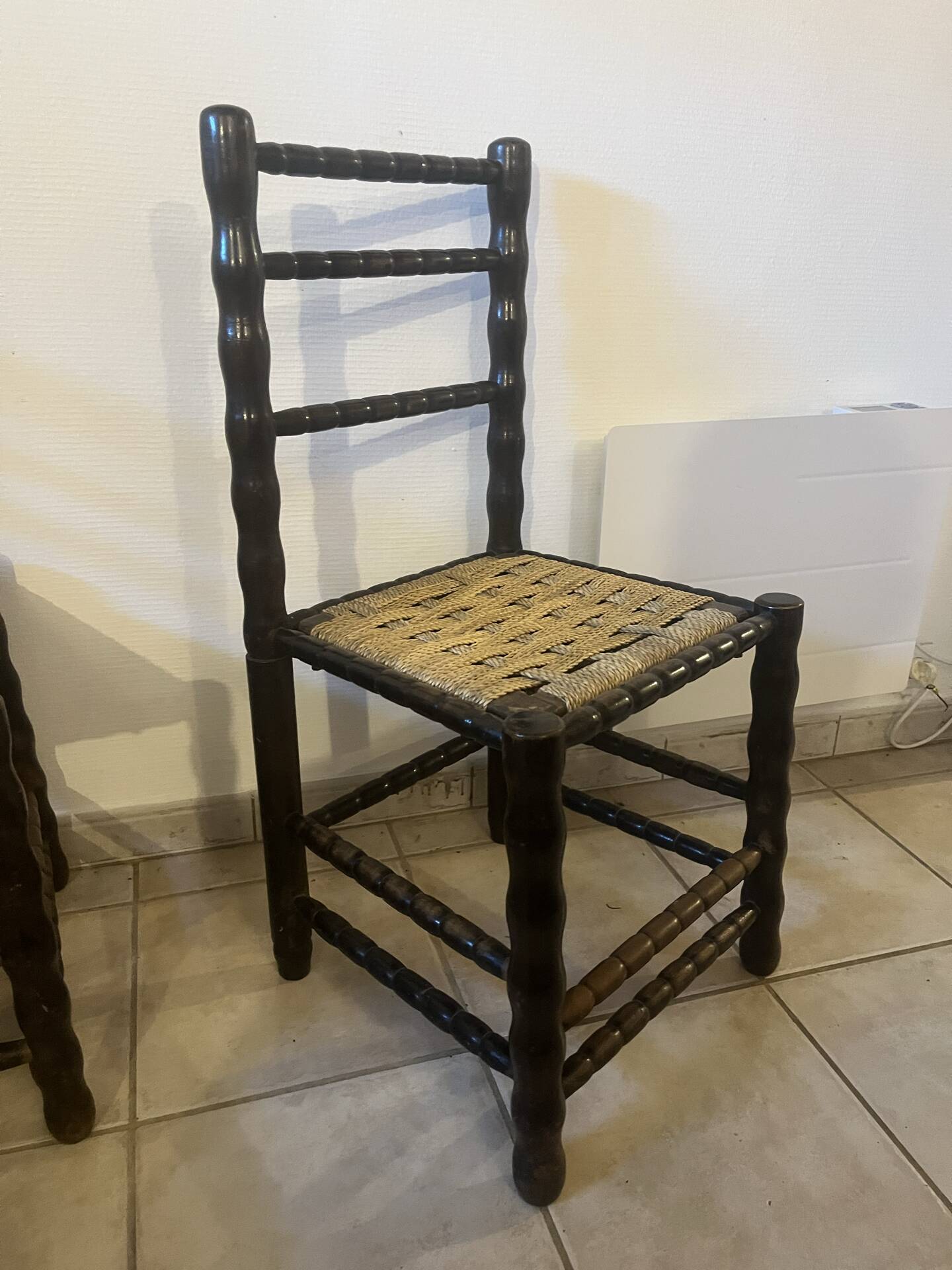 Set of 4 vintage chairs in the style of Charles Dudouyt, made of turned wood and upholstered.