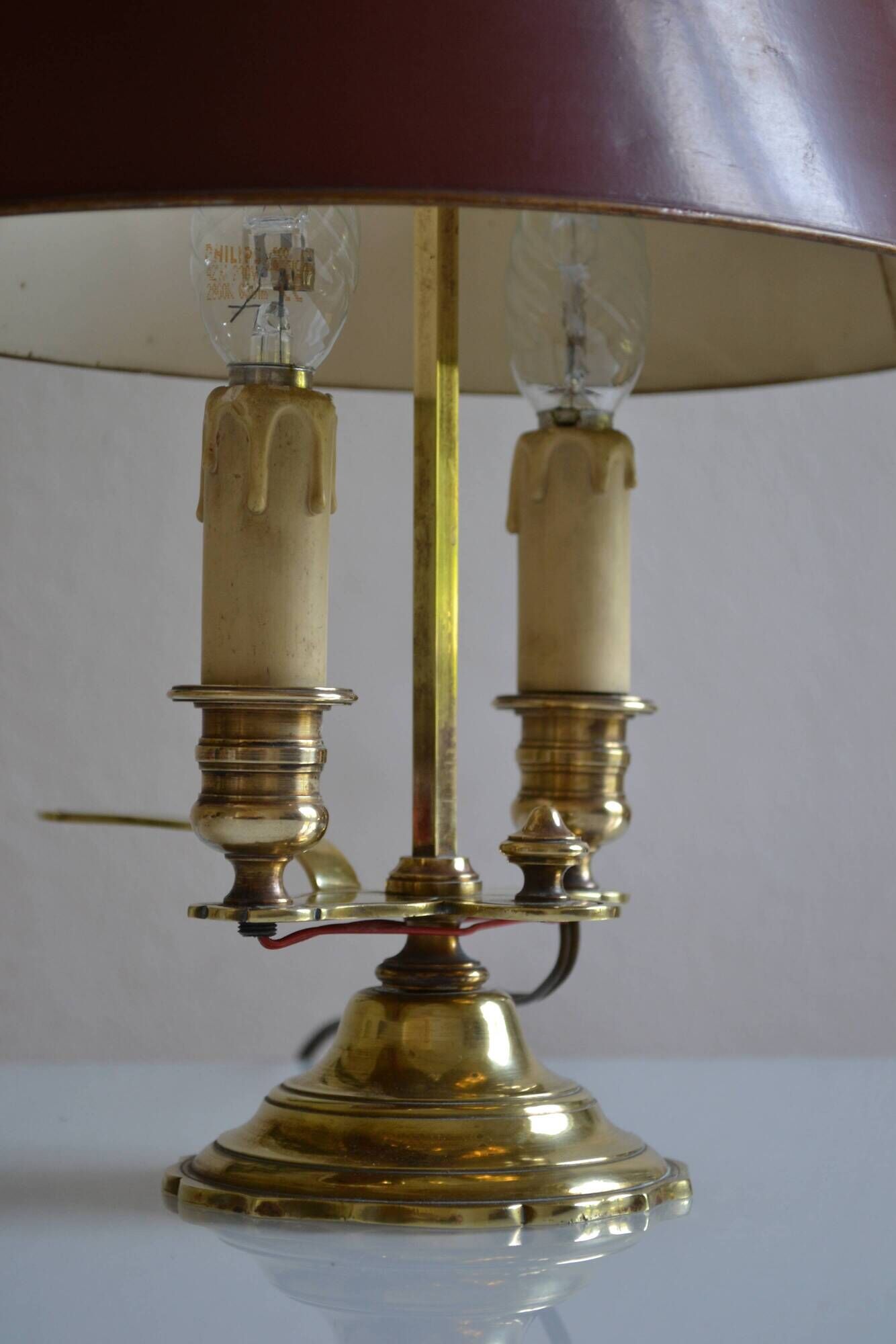 hot water bottle lamp with 2 bronze lights and burgundy sheet metal lampshade