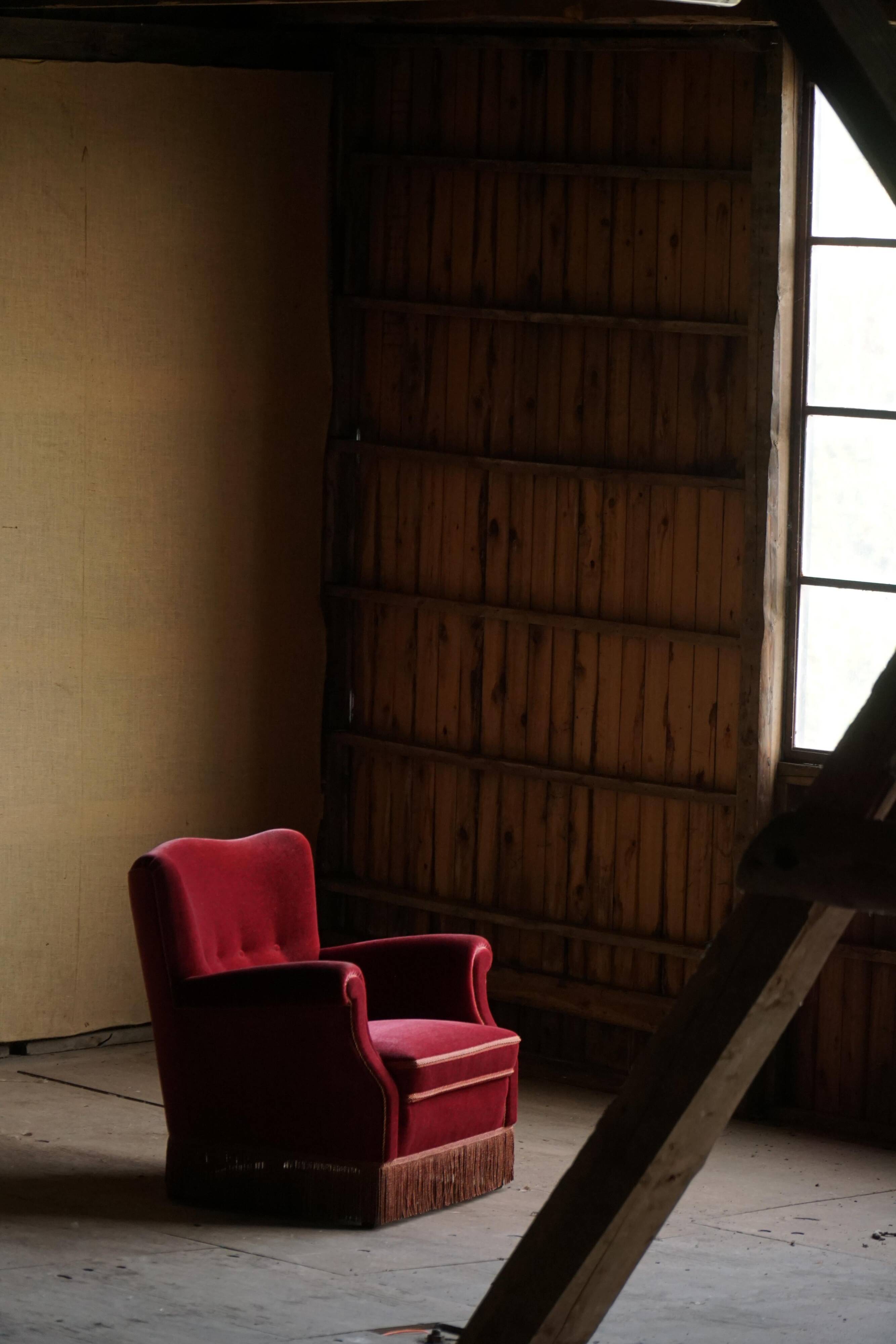 Pair of modern Danish lounge chairs, cherry red velvet, 1950s