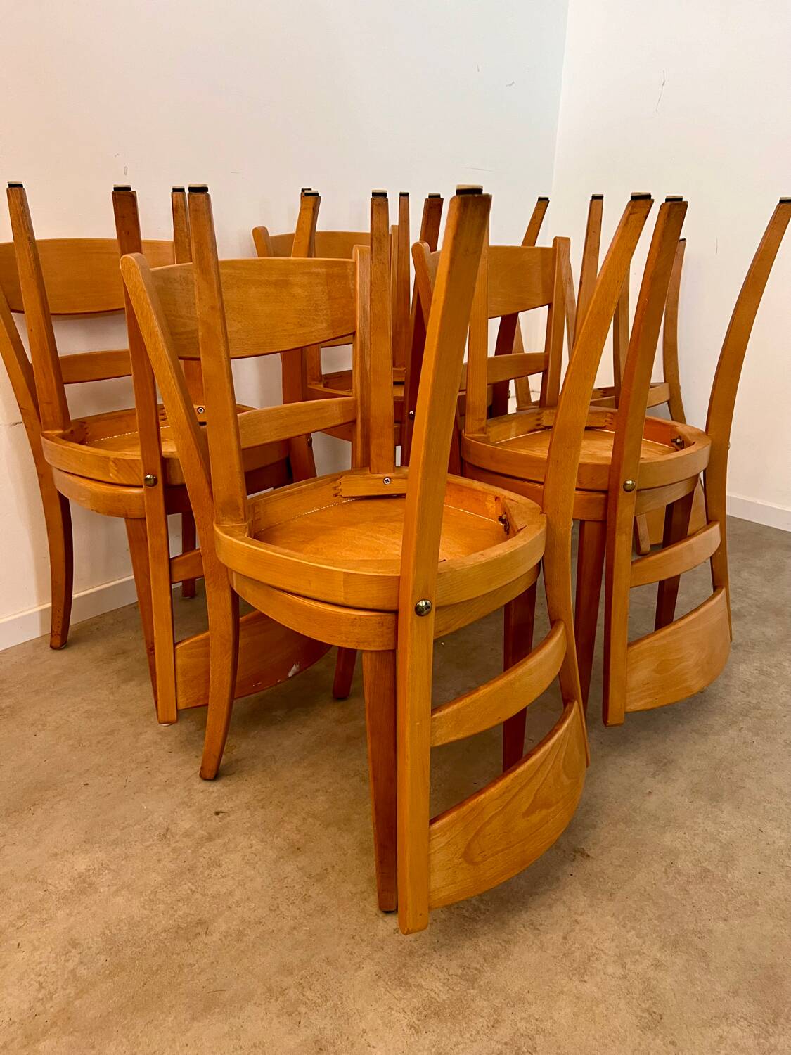 Set of 9 vintage wooden bistro chairs designed by Horgen Glarus