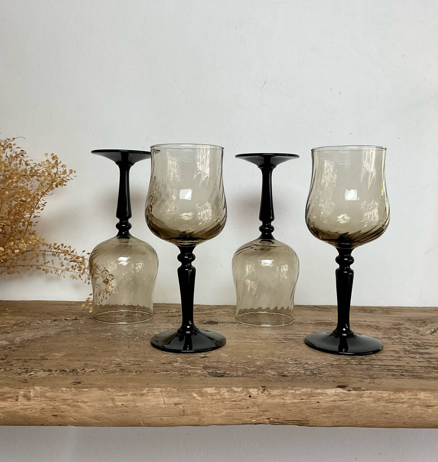 6 small luminarc smoked stemmed glasses