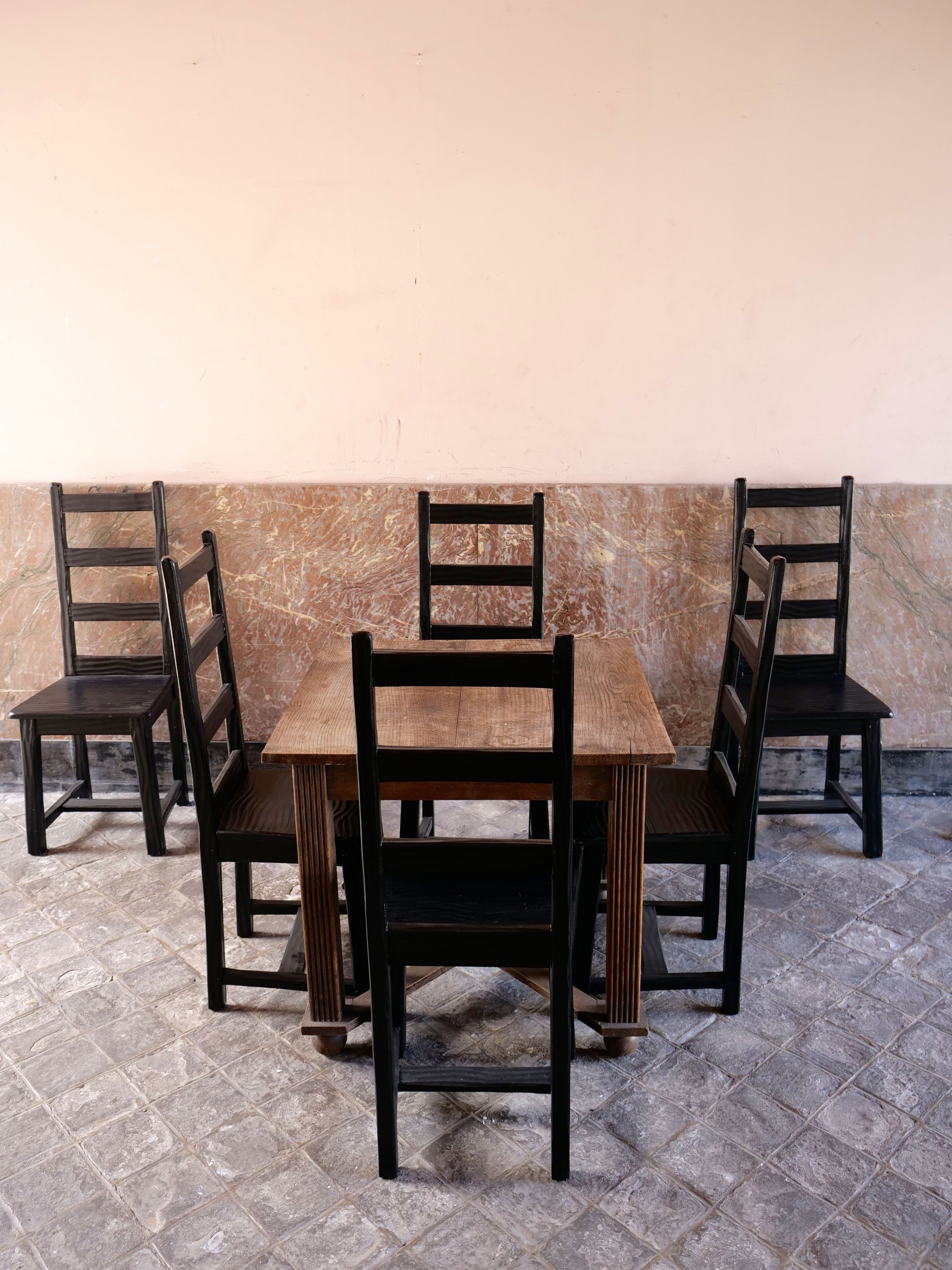 Set of 6 black brutalist chairs in solid oak