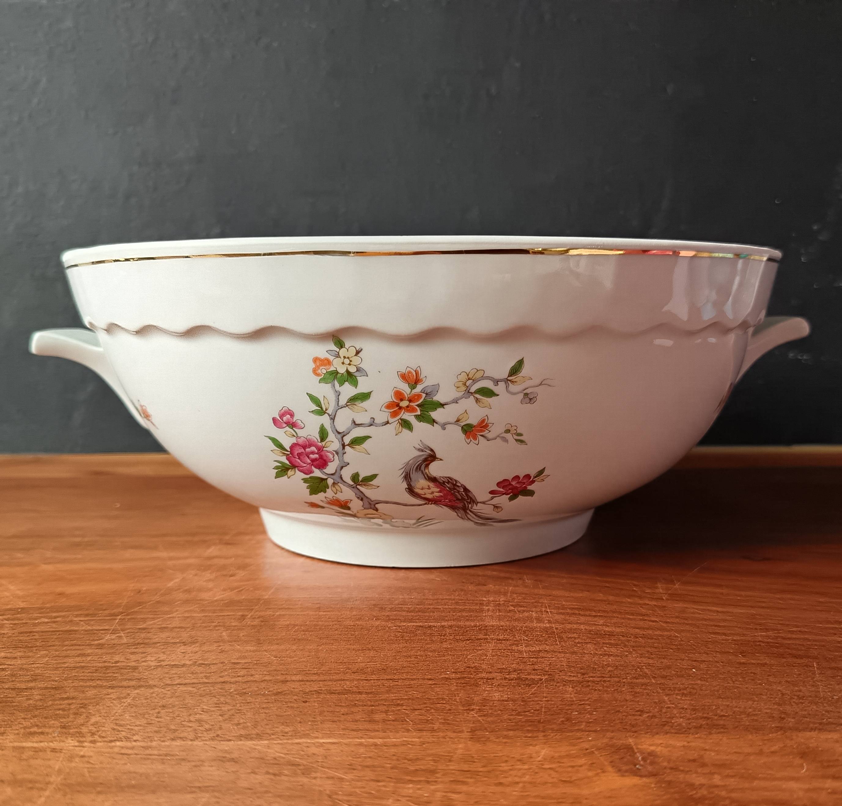 Vintage soup tureen, Vitriam porcelain France, Phoenix on a flowering branch.