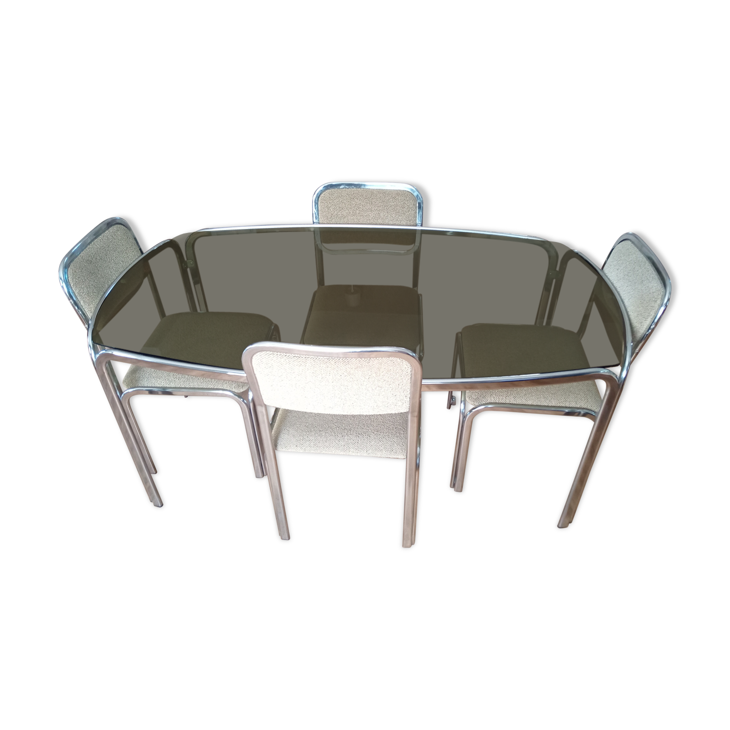 Table and 4 70s chairs chrome base and smoked glass tray chairs green water fabric