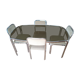Table and 4 70s chairs chrome base and smoked glass tray chairs green water fabric